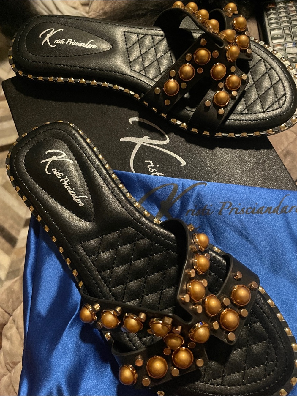Designer Black Slide Sandals with Gold Stud Accents NEW